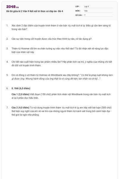 Đề thi giữa kì 2 Văn 9 Kết nối tri thức có đáp án- Đề 4