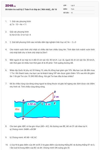 Đề kiểm tra cuối kỳ 2 Toán 8 có đáp án ( Mới nhất)_ đề 16