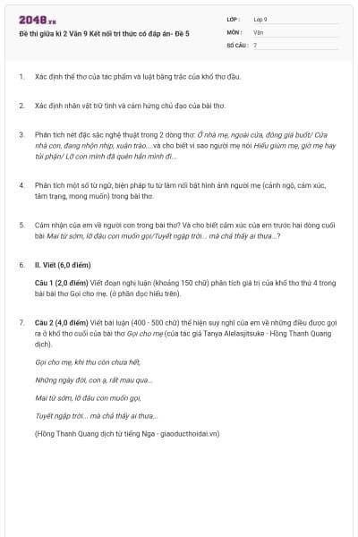 Đề thi giữa kì 2 Văn 9 Kết nối tri thức có đáp án- Đề 5