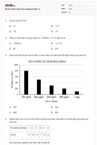 Đề thi Toán 6 Học kì 2 có đáp án (Đề 11)