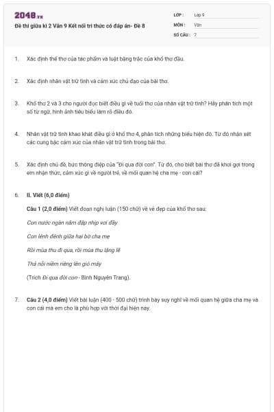 Đề thi giữa kì 2 Văn 9 Kết nối tri thức có đáp án- Đề 8