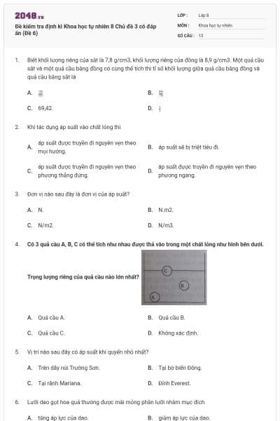Đề kiểm tra định kì Khoa học tự nhiên 8 Chủ đề 3 có đáp án (Đề 6)