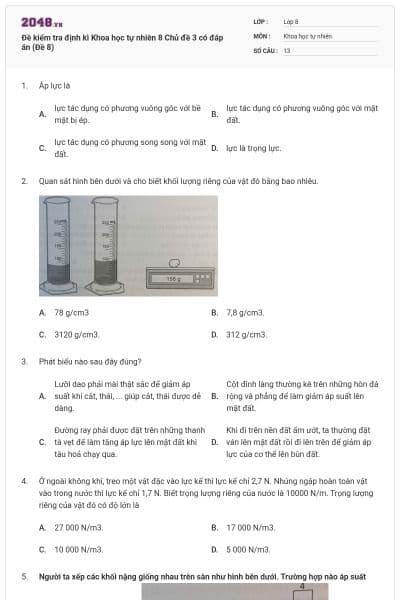 Đề kiểm tra định kì Khoa học tự nhiên 8 Chủ đề 3 có đáp án (Đề 8)