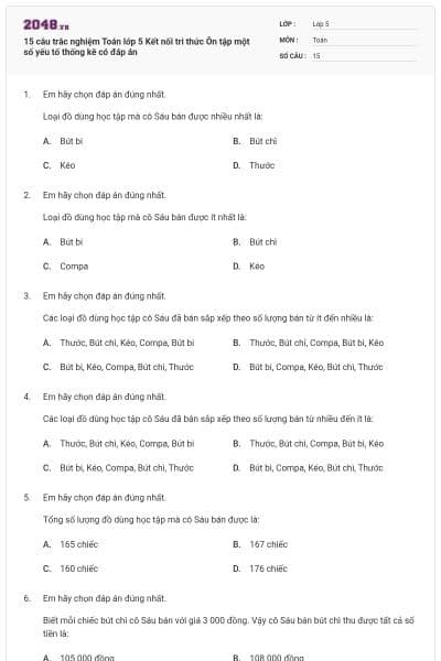 15 câu trắc nghiệm Toán lớp 5 Kết nối tri thức Ôn tập một số yếu tố thống kê có đáp án