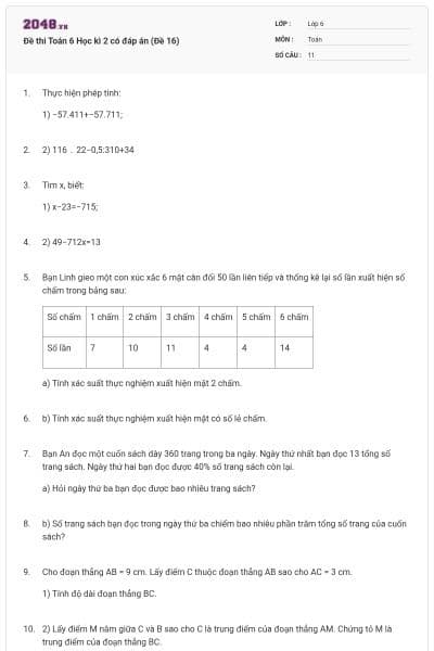 Đề thi Toán 6 Học kì 2 có đáp án (Đề 16)