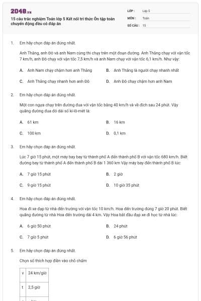 15 câu trắc nghiệm Toán lớp 5 Kết nối tri thức Ôn tập toán chuyển động đều có đáp án
