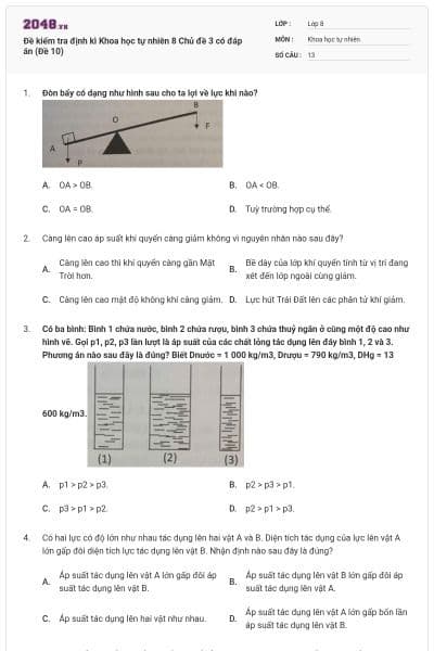 Đề kiểm tra định kì Khoa học tự nhiên 8 Chủ đề 3 có đáp án (Đề 10)