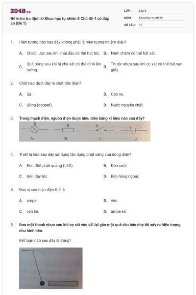 Đề kiểm tra định kì Khoa học tự nhiên 8 Chủ đề 4 có đáp án (Đề 1)