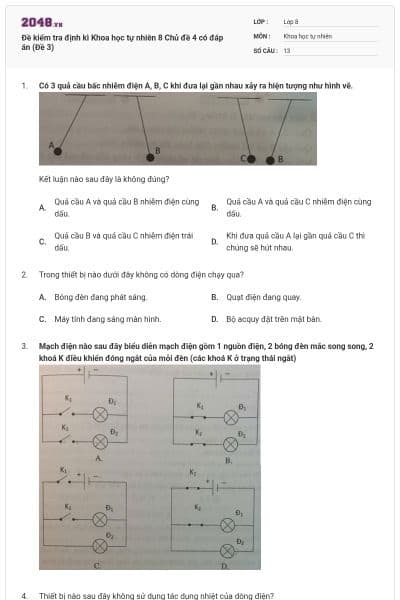 Đề kiểm tra định kì Khoa học tự nhiên 8 Chủ đề 4 có đáp án (Đề 3)