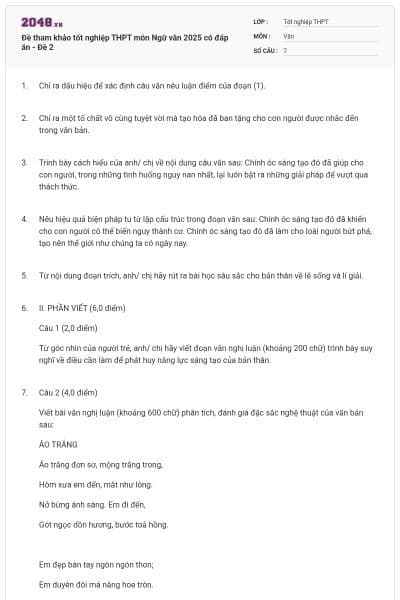 Đề tham khảo tốt nghiệp THPT môn Ngữ văn 2025 có đáp án - Đề 2