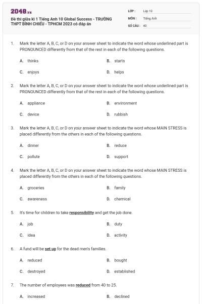 Đề thi giữa kì 1 Tiếng Anh 10 Global Success - TRƯỜNG THPT BÌNH CHIỂU - TPHCM 2023 có đáp án
