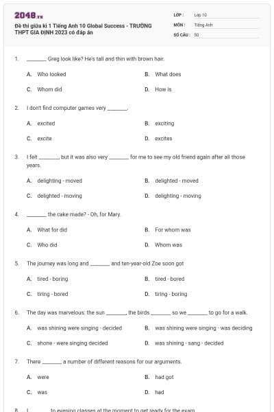 Đề thi giữa kì 1 Tiếng Anh 10 Global Success - TRƯỜNG THPT GIA ĐỊNH 2023 có đáp án