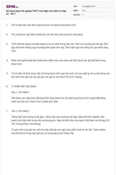 Đề tham khảo tốt nghiệp THPT môn Ngữ văn 2025 có đáp án - Đề 7