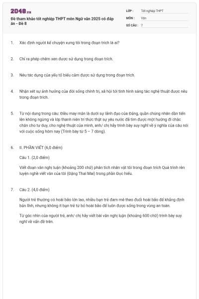 Đề tham khảo tốt nghiệp THPT môn Ngữ văn 2025 có đáp án - Đề 8