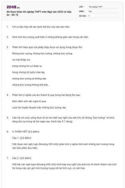 Đề tham khảo tốt nghiệp THPT môn Ngữ văn 2025 có đáp án - Đề 10