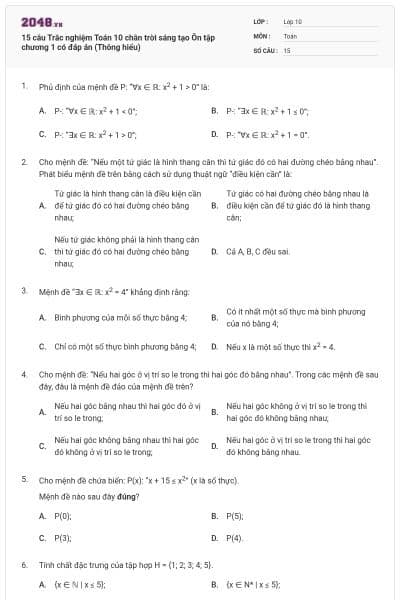 15 câu Trắc nghiệm Toán 10 chân trời sáng tạo Ôn tập chương 1 có đáp án (Thông hiểu)