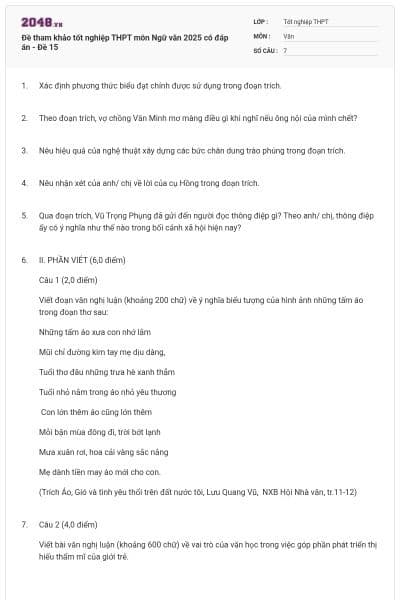 Đề tham khảo tốt nghiệp THPT môn Ngữ văn 2025 có đáp án - Đề 15
