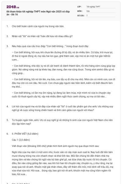 Đề tham khảo tốt nghiệp THPT môn Ngữ văn 2025 có đáp án - Đề 16