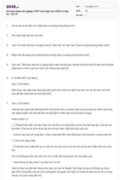 Đề tham khảo tốt nghiệp THPT môn Ngữ văn 2025 có đáp án - Đề 19