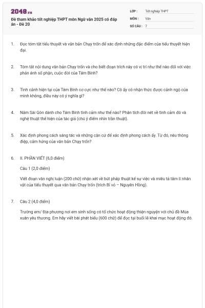 Đề tham khảo tốt nghiệp THPT môn Ngữ văn 2025 có đáp án - Đề 20