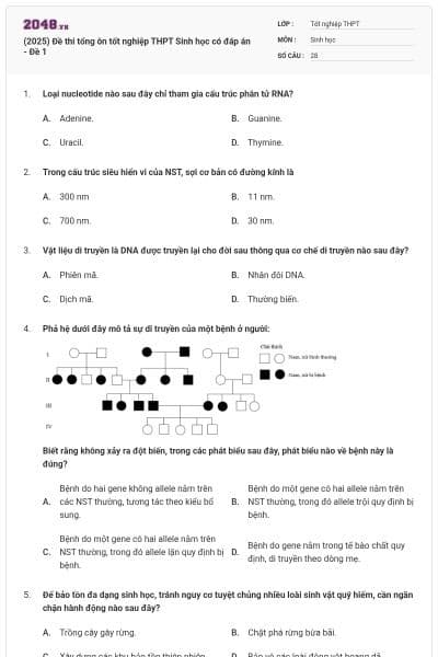 (2025) Đề thi tổng ôn tốt nghiệp THPT Sinh học có đáp án - Đề 1