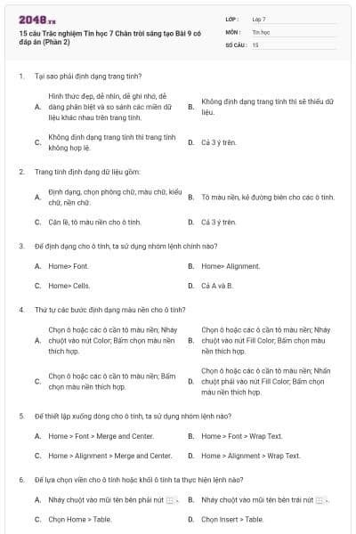 15 câu Trắc nghiệm Tin học 7 Chân trời sáng tạo Bài 9 có đáp án (Phần 2)