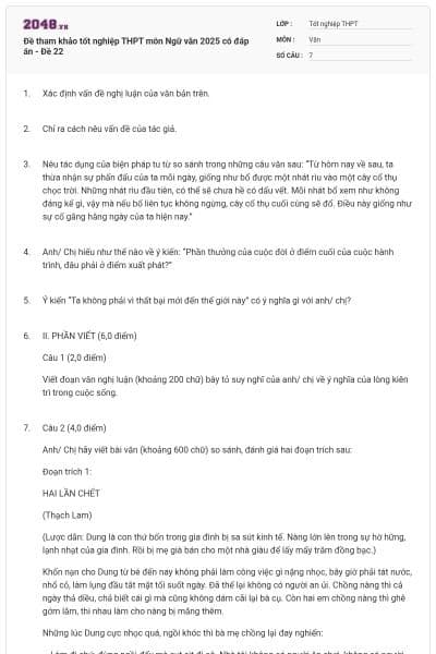 Đề tham khảo tốt nghiệp THPT môn Ngữ văn 2025 có đáp án - Đề 22
