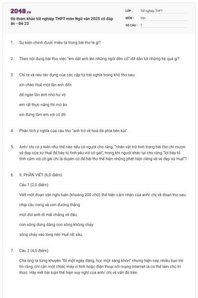 Đề tham khảo tốt nghiệp THPT môn Ngữ văn 2025 có đáp án - Đề 23