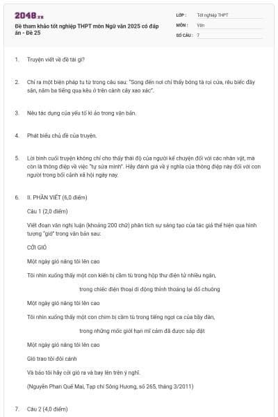 Đề tham khảo tốt nghiệp THPT môn Ngữ văn 2025 có đáp án - Đề 25