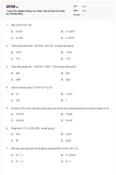 7 câu Trắc nghiệm Cộng, trừ, nhân, chia số hữu tỉ có đáp án (Thông hiểu)