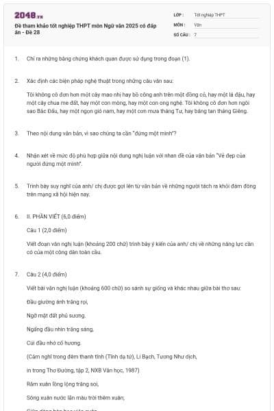 Đề tham khảo tốt nghiệp THPT môn Ngữ văn 2025 có đáp án - Đề 28