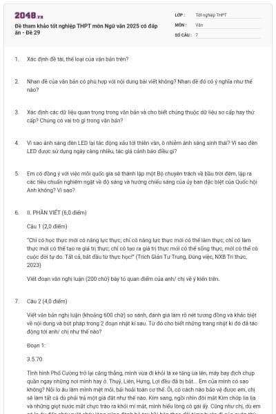 Đề tham khảo tốt nghiệp THPT môn Ngữ văn 2025 có đáp án - Đề 29