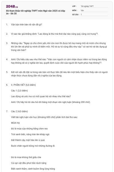 Đề tham khảo tốt nghiệp THPT môn Ngữ văn 2025 có đáp án - Đề 30