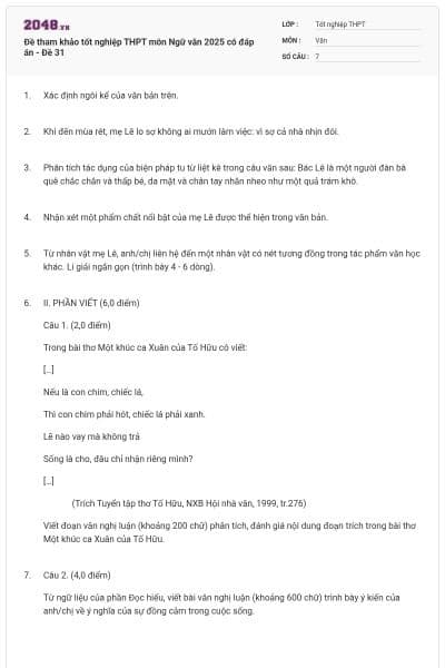 Đề tham khảo tốt nghiệp THPT môn Ngữ văn 2025 có đáp án - Đề 31