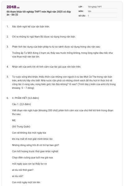 Đề tham khảo tốt nghiệp THPT môn Ngữ văn 2025 có đáp án - Đề 32