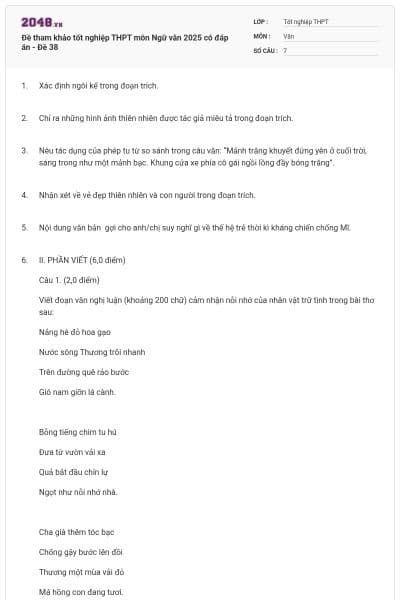 Đề tham khảo tốt nghiệp THPT môn Ngữ văn 2025 có đáp án - Đề 38