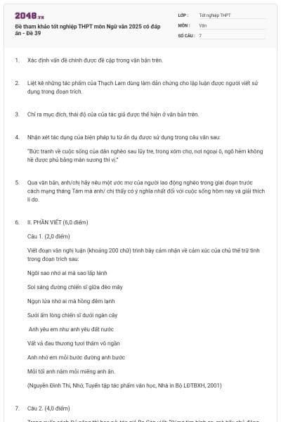 Đề tham khảo tốt nghiệp THPT môn Ngữ văn 2025 có đáp án - Đề 39