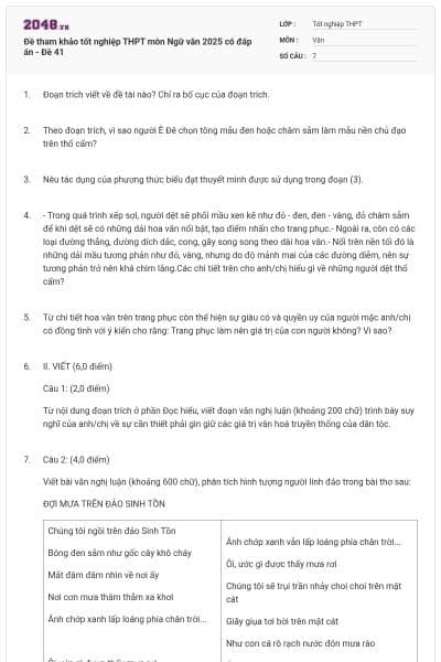 Đề tham khảo tốt nghiệp THPT môn Ngữ văn 2025 có đáp án - Đề 41