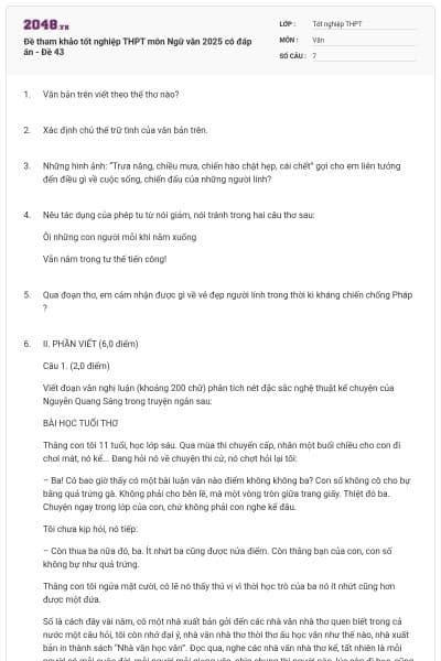 Đề tham khảo tốt nghiệp THPT môn Ngữ văn 2025 có đáp án - Đề 43