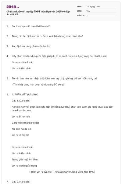 Đề tham khảo tốt nghiệp THPT môn Ngữ văn 2025 có đáp án - Đề 45