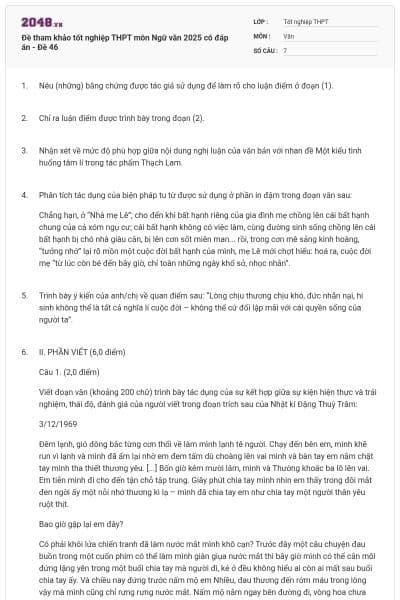 Đề tham khảo tốt nghiệp THPT môn Ngữ văn 2025 có đáp án - Đề 46