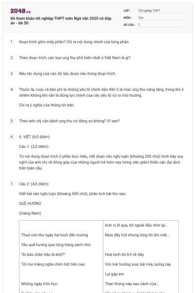 Đề tham khảo tốt nghiệp THPT môn Ngữ văn 2025 có đáp án - Đề 50