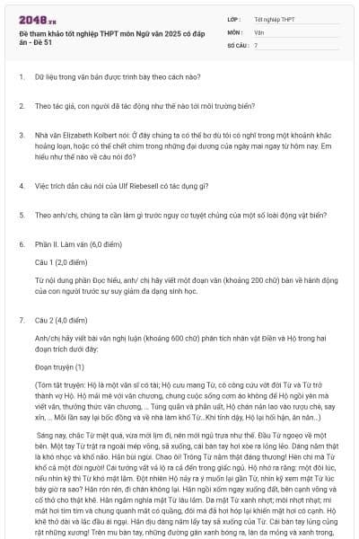 Đề tham khảo tốt nghiệp THPT môn Ngữ văn 2025 có đáp án - Đề 51