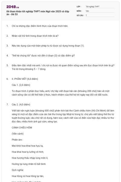 Đề tham khảo tốt nghiệp THPT môn Ngữ văn 2025 có đáp án - Đề 53