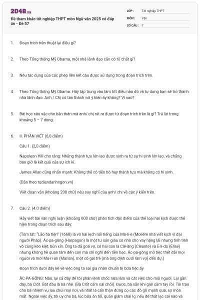 Đề tham khảo tốt nghiệp THPT môn Ngữ văn 2025 có đáp án - Đề 57