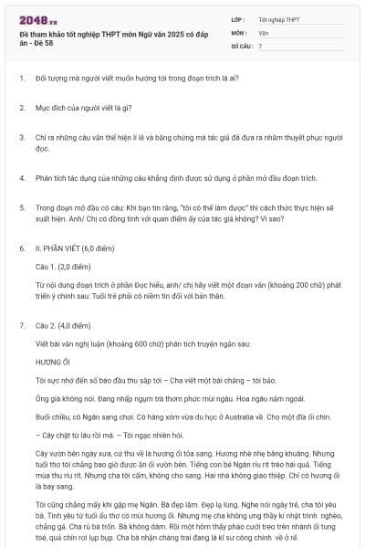 Đề tham khảo tốt nghiệp THPT môn Ngữ văn 2025 có đáp án - Đề 58