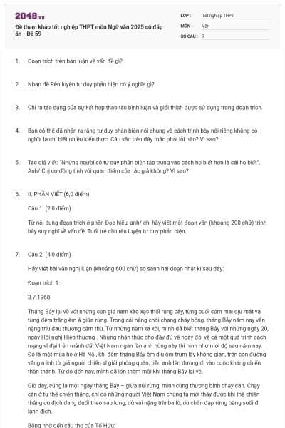 Đề tham khảo tốt nghiệp THPT môn Ngữ văn 2025 có đáp án - Đề 59