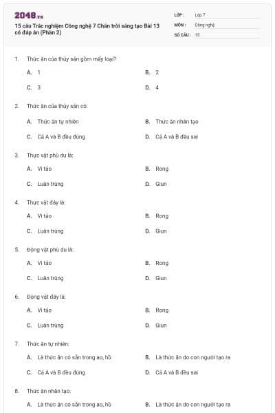 15 câu Trắc nghiệm Công nghệ 7 Chân trời sáng tạo Bài 13 có đáp án (Phần 2)