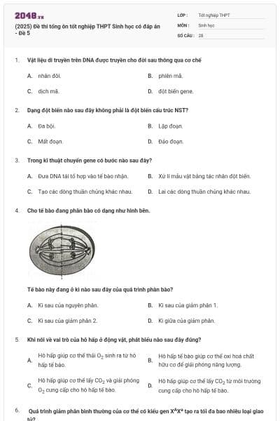 (2025) Đề thi tổng ôn tốt nghiệp THPT Sinh học có đáp án - Đề 5