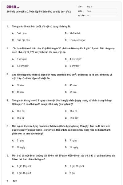 Bộ 5 đề thi cuối kì 2 Toán lớp 5 Cánh diều có đáp án - Đề 2